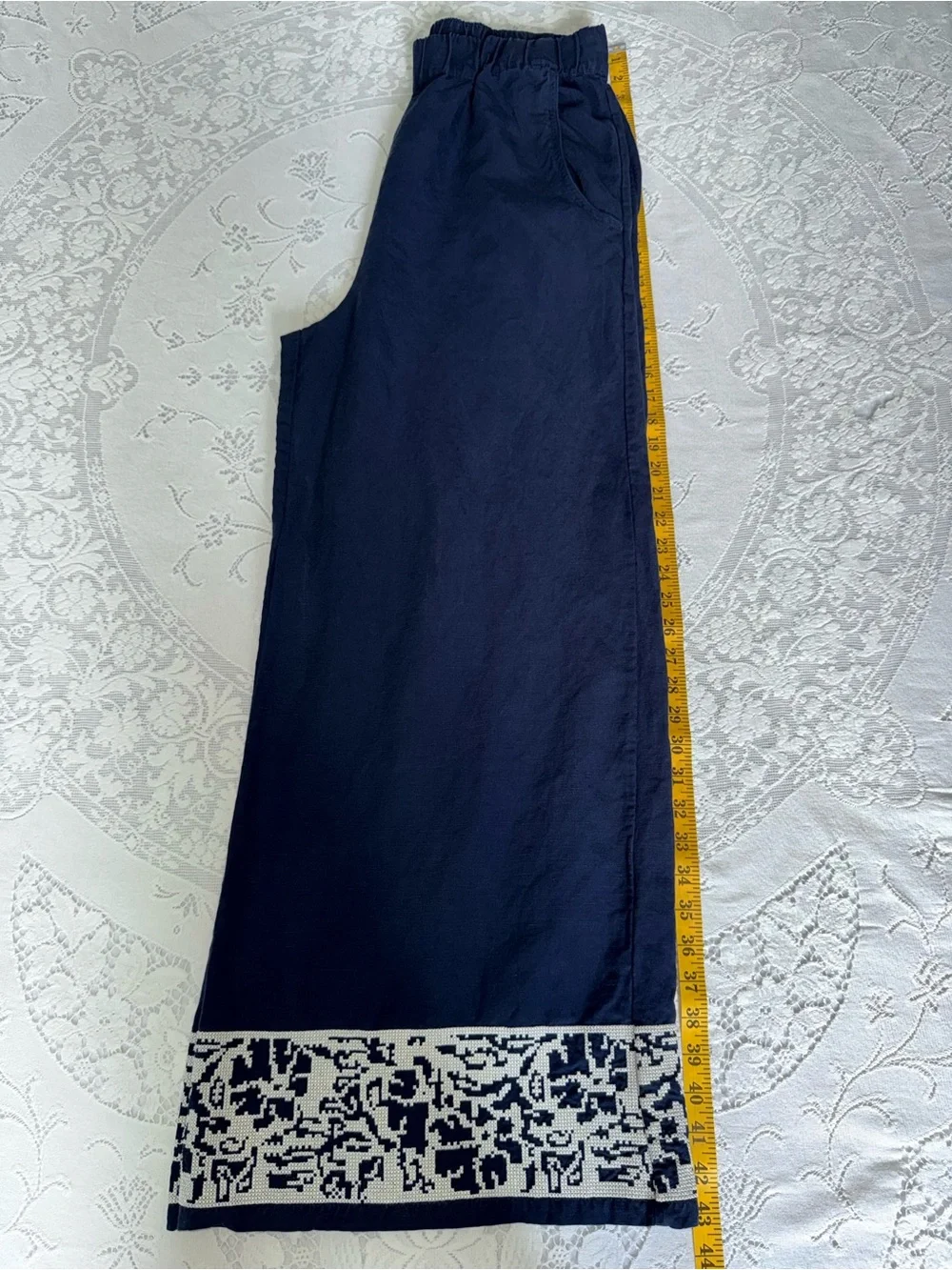 Banana Republic High-Rise Wide-Leg Embroidered Boho Tencel Linen Pants Navy M